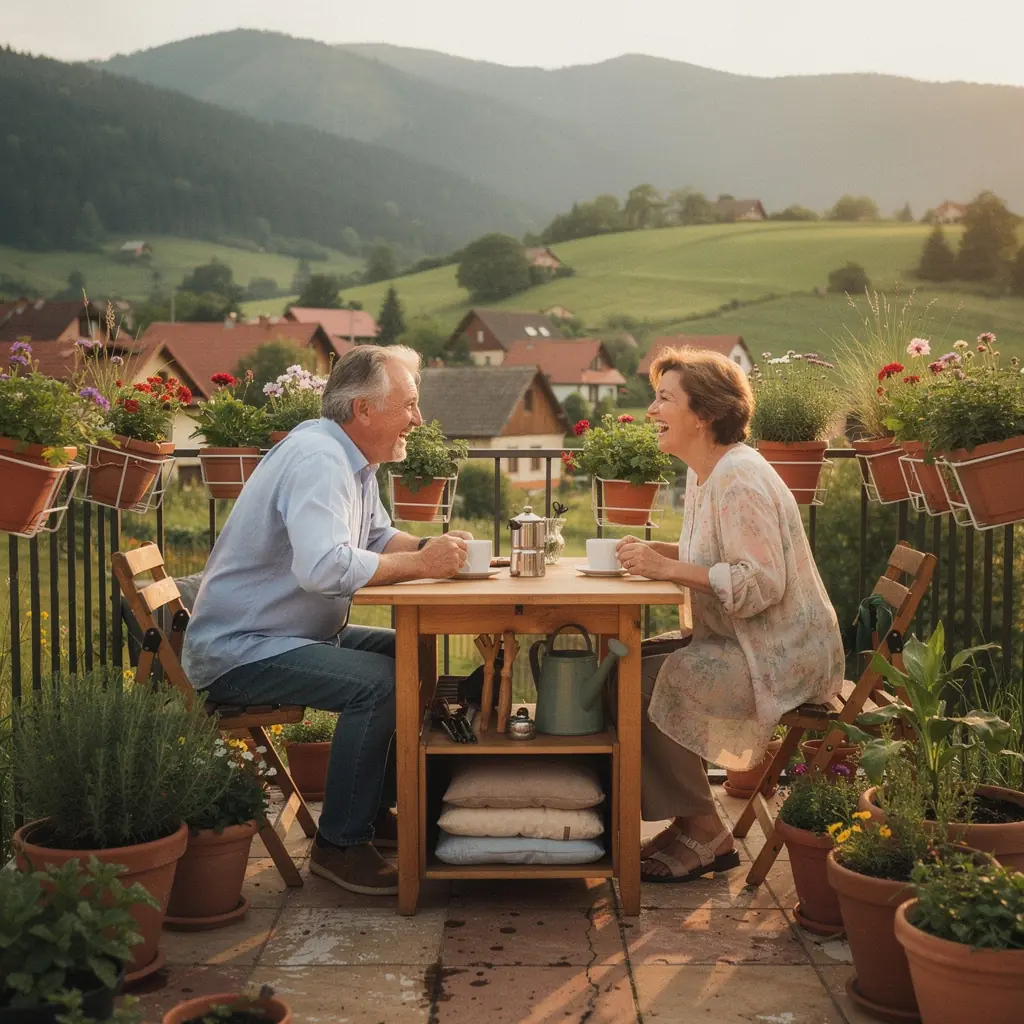 Un colț de living luminos, cu plante decorative și soluții de depozitare elegante.